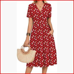 Floral Midi Dress with Pockets, V-Neck Wrap, Tiered A-Line Sundress